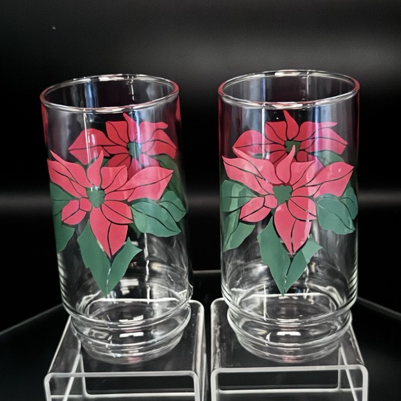 Indiana Glass Other - (2) Vintage Indiana Glass Red & Green Poinsettia Glass Tumbler Christmas Holiday